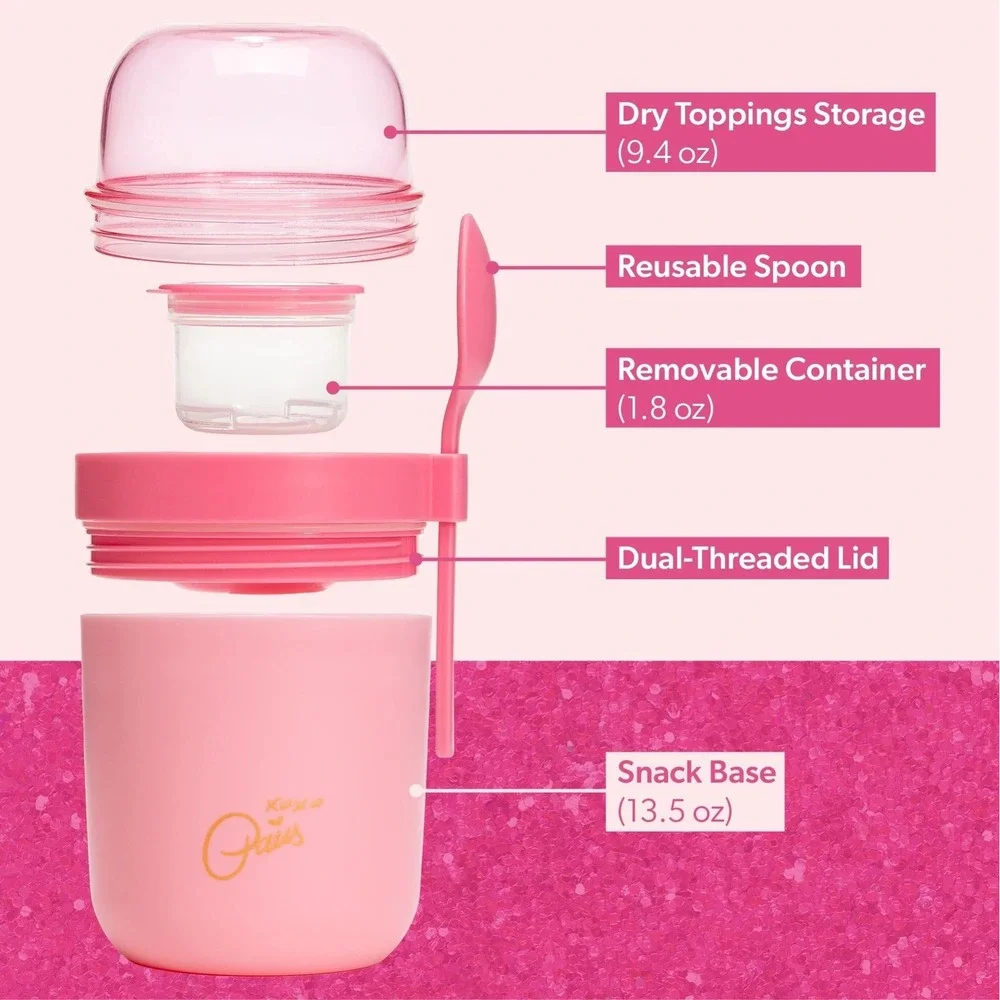 Paris Hilton Pink‎ Bow Snack Cup with Spoon – 3 Compartments, On-the-Go Lunch